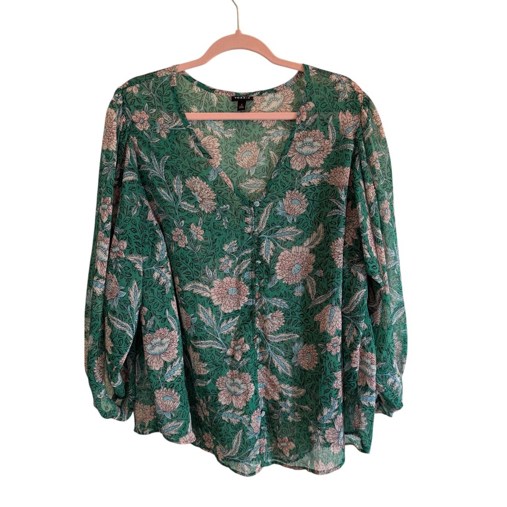 Torrid Blouse Green 2X Women Floral V-Neck Button Front Balloon Sleeve Boho